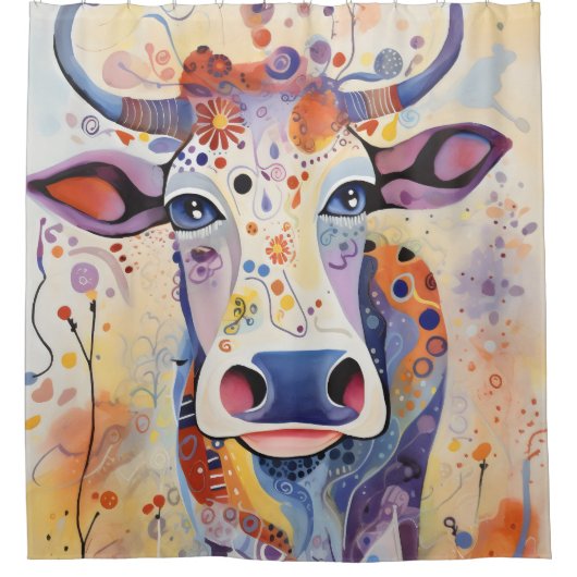 Waterverf Blauw kleurrijke grillige Koe Bubble Sof Douchegordijn (Voorkant)