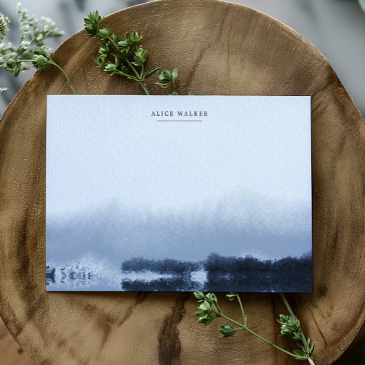 Waterverf Blauw Landschap Monogram Opmerking Kaart Notitiekaartje