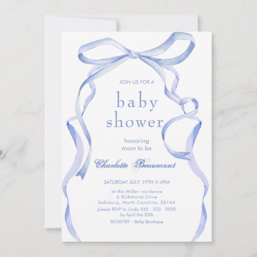 Waterverf blauw lint Baby shower Kaart (Voorkant)