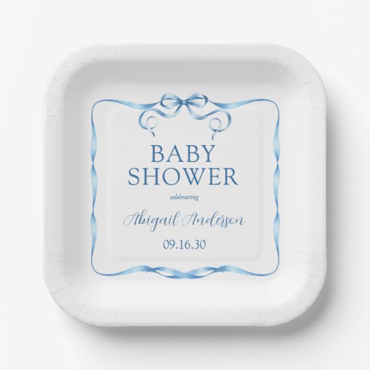 Waterverf blauw lint Baby shower Papieren Bordje (Voorkant)