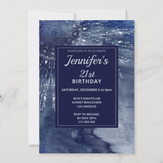 Waterverf Blauw Mandala 21e Verjaardagsuitnodiging Kaart (Voorkant)