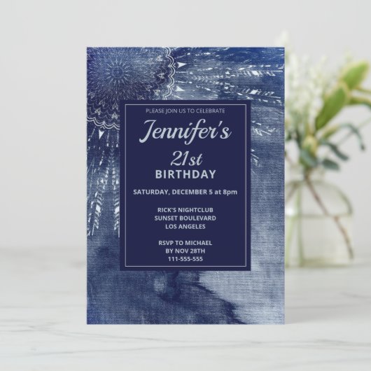 Waterverf Blauw Mandala 21e Verjaardagsuitnodiging Kaart (Staand voorkant)
