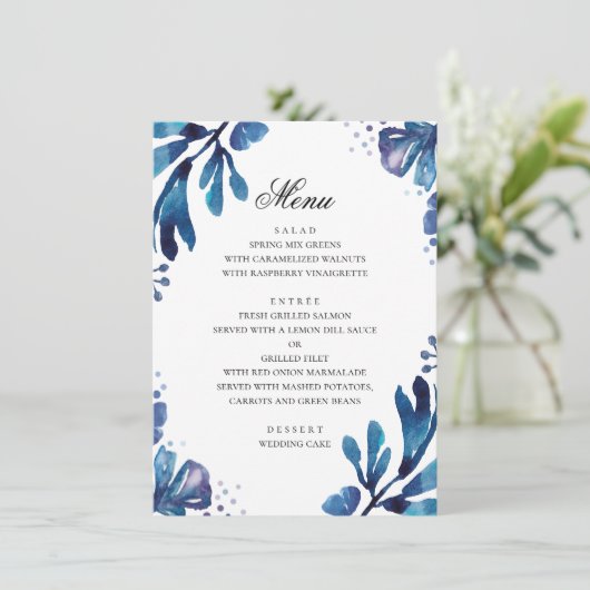 Waterverf blauw. Marine botanische bruiloft Menu (Staand voorkant)