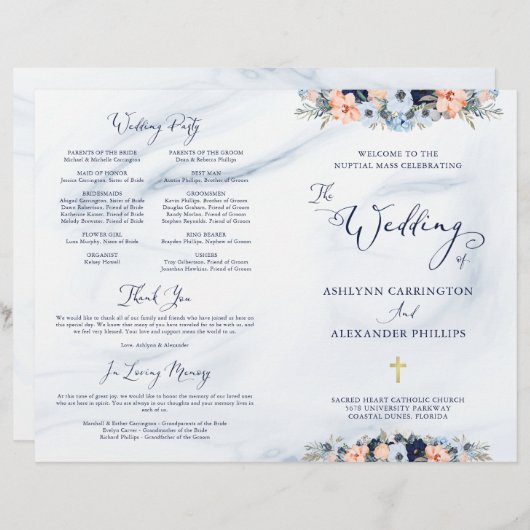 Waterverf Blauw Marmer Bloemen Bruiloft Mass Progr (Voorkant / Achterkant)