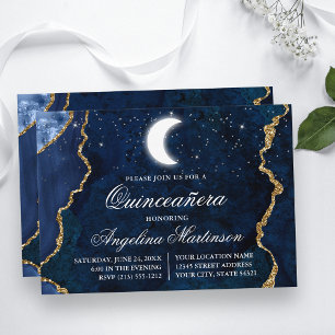 Waterverf Blauw Marmer Celestial Quinceanera Kaart