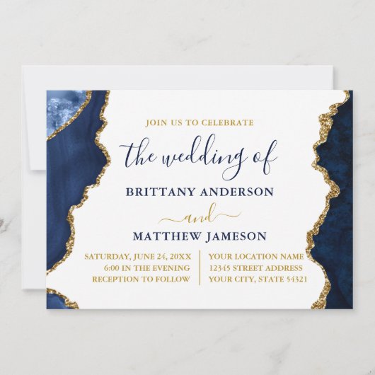 Waterverf Blauw Marmer en Gouden Huwelijk Kaart (Voorkant)