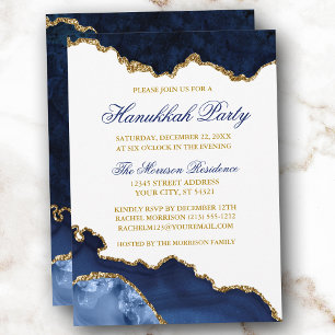 Waterverf Blauw Marmer Geode Goud Hanukkah Feest Kaart