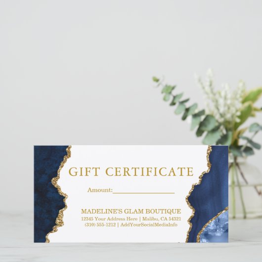Waterverf Blauw Marmer Goud Cadeaubon (Staand voorkant)