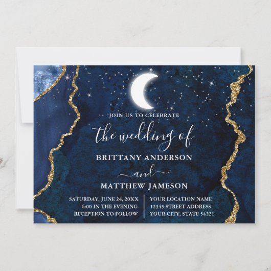 Waterverf Blauw Marmer Hemelse Bruiloft Kaart (Voorkant)