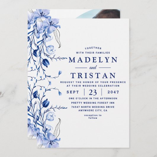 Waterverf Blauw Minimalistisch Rustiek Bloemen Bru Kaart (Voorkant / Achterkant)