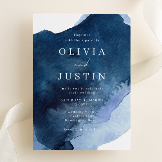 Waterverf Blauw Modern Bruiloft Kaart