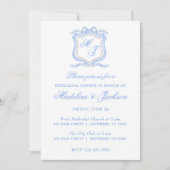 Waterverf Blauw Monogram Crest repetitie diner Kaart (Voorkant)