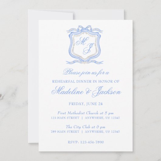 Waterverf Blauw Monogram Crest repetitie diner Kaart (Voorkant)