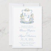 Waterverf Blauw Monogram Crest Wedding Kaart (Voorkant)