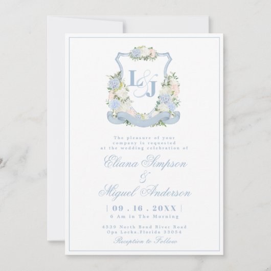 Waterverf Blauw Monogram Crest Wedding Kaart (Voorkant)