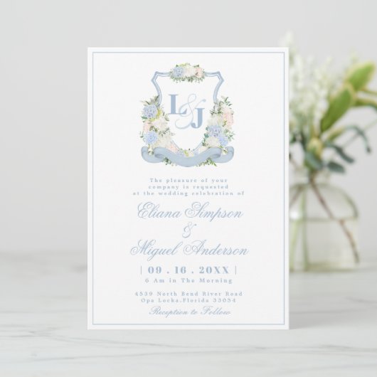 Waterverf Blauw Monogram Crest Wedding Kaart (Staand voorkant)