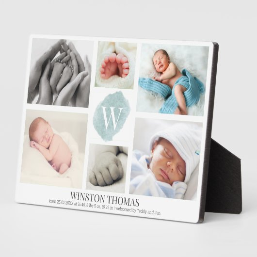 Waterverf Blauw Monogram Foto Collage Jongen Geboo Fotoplaat (Zijkant)