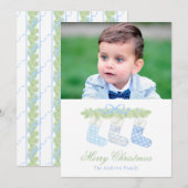 Waterverf Blauw Monogram Kerst Kousen Foto Feestdagenkaart (Voorkant / Achterkant)