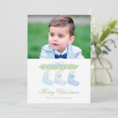 Waterverf Blauw Monogram Kerst Kousen Foto Feestdagenkaart (Staand voorkant)