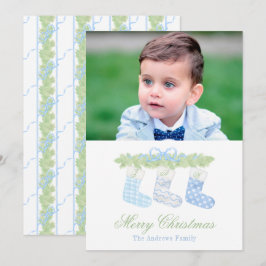 Waterverf Blauw Monogram Kerst Kousen Foto Feestdagenkaart