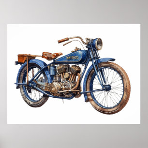 Waterverf  Blauw Motorcycle Poster