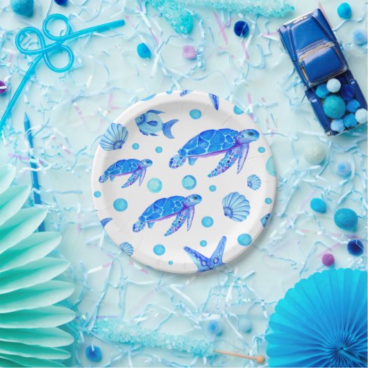 Waterverf Blauw Nautisch Patroon Turtle Fish Party Papieren Bordje (Feest)