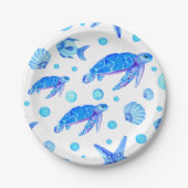 Waterverf Blauw Nautisch Patroon Turtle Fish Party Papieren Bordje (Voorkant)