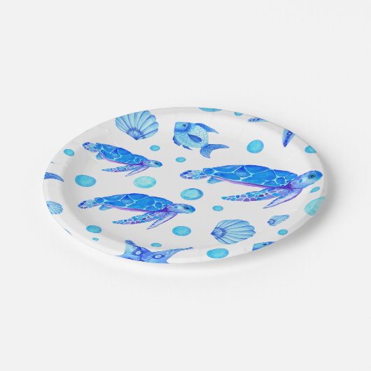 Waterverf Blauw Nautisch Patroon Turtle Fish Party Papieren Bordje (Gekanteld)