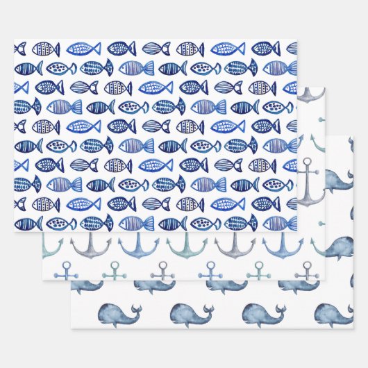Waterverf blauw nautisch patroon. Vis, walvis Inpakpapier Vel (Set)