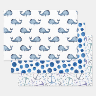 Waterverf blauw nautisch patroon. walvis, polka do inpakpapier vel