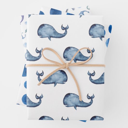 Waterverf blauw nautisch patroon. Walvis, stip Inpakpapier Vel (In situ)