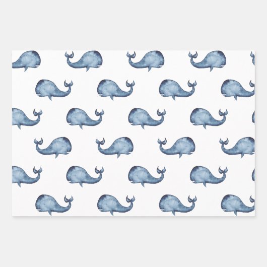 Waterverf blauw nautisch patroon. Walvis, stip Inpakpapier Vel (Voorkant)
