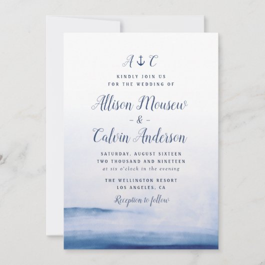 waterverf blauw nautische anker huwelijksuitnodigi kaart (Voorkant)