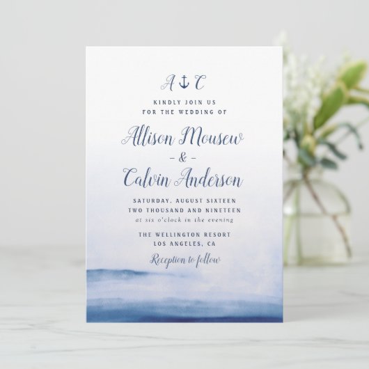 waterverf blauw nautische anker huwelijksuitnodigi kaart (Staand voorkant)