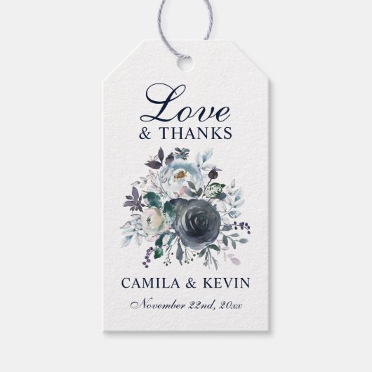 Waterverf Blauw Navy Bloemen Bruiloft LIEFDE & BED Cadeaulabel (Voorkant)