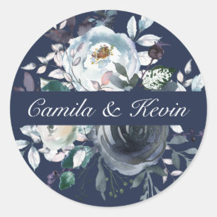 Waterverf Blauw Navy Bloemen bruiloft Ronde Sticker