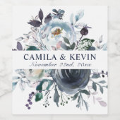 Waterverf Blauw Navy Bloemen bruiloft Wijn Etiket (Enkel label)