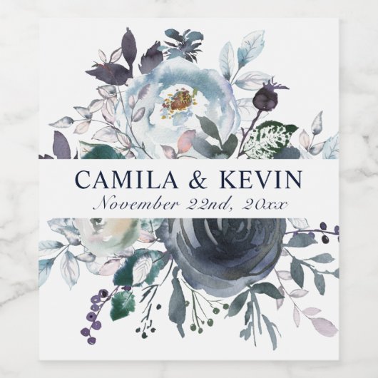 Waterverf Blauw Navy Bloemen bruiloft Wijn Etiket (Enkel label)