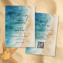 Waterverf Blauw Oceaan Strand Zand QR Code Trouwen
