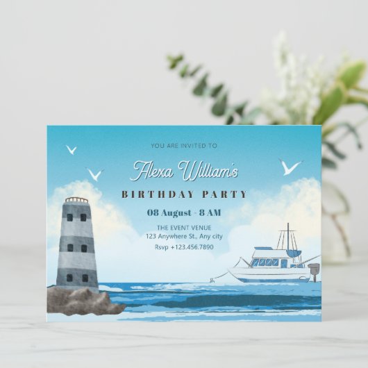 Waterverf blauw oceaanschip kaart (Staand voorkant)