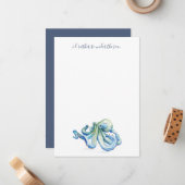 Waterverf Blauw octopus Dank u persoonlijk Notitiekaartje (Voorkant / Achterkant in situ)