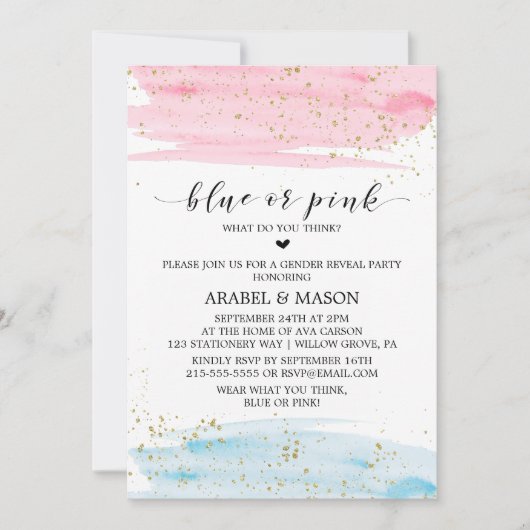 Waterverf Blauw of Roze Genderfeest Partij Kaart (Voorkant)