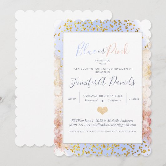 Waterverf Blauw of Roze Genderfeest Partij Kaart (Voorkant / Achterkant)