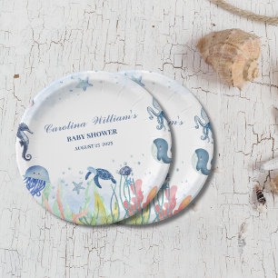 Waterverf blauw Onder het zee baby shower Papieren Bordje