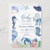 Waterverf blauw onder het zeeen baby shower kaart (Voorkant)