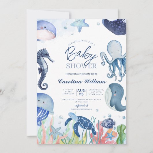 Waterverf blauw onder het zeeen baby shower kaart (Voorkant)