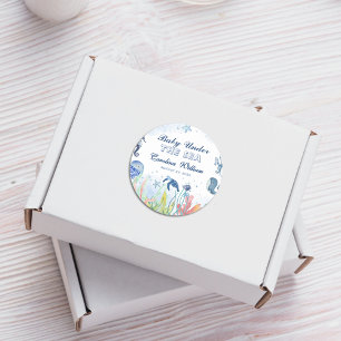 Waterverf blauw onder het zeeen baby shower ronde sticker