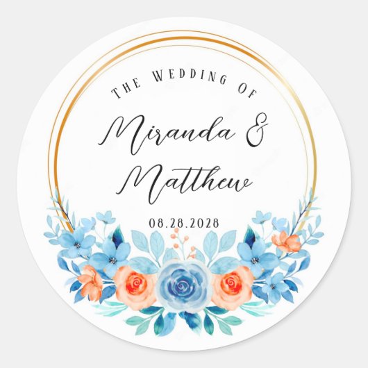 Waterverf Blauw Oranje Florals Gold Wedding Ronde Sticker (Voorkant)