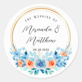 Waterverf Blauw Oranje Florals Gold Wedding Ronde Sticker