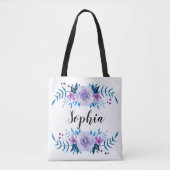Waterverf Blauw Paarse Bloemenkrans Aangepaste Tek Tote Bag (Voorkant)